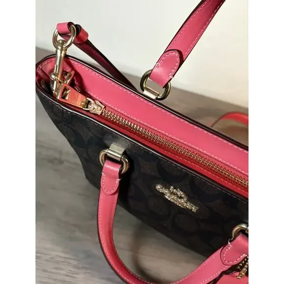 Coach CROSSBODY PURSE Alice Satchel Dark Signature Canvas &‎ Rouge Pink Trim - Picture 5 of 8